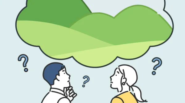 どの山に登るか迷う女性と男性のイラスト